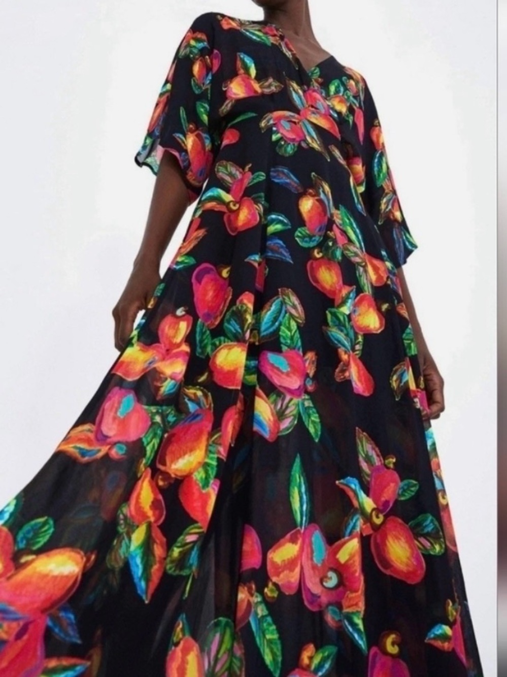 FARM Rio Black Floral Maxi Wrap Dress with Vibrant Fruit Print S